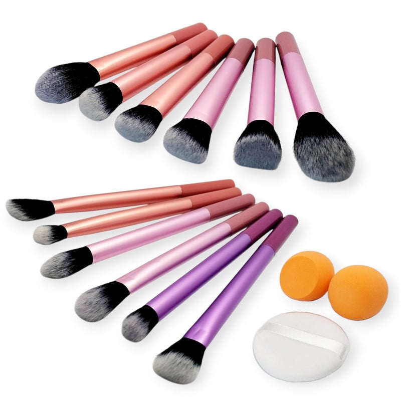 Flawless Base Makeup Brushes 12, Sponges 2 And Powder Puff Set, For Foundation Contour Blush Highlight Blending Cream Liquid Powder Cosmetic - Quality Brushes. (Rose Gold & Pink) - Image 1